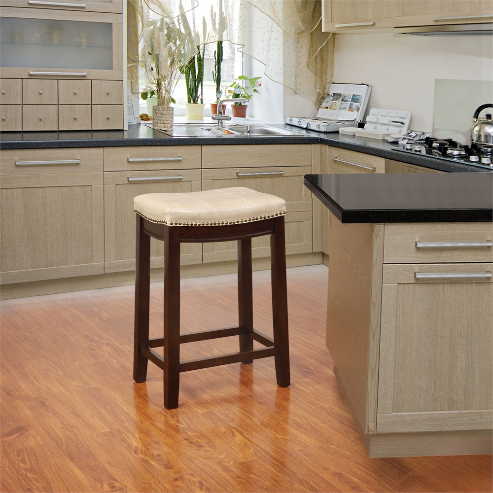 Start2Finish Claridge beige counter stool with wooden legs and upholstered seat, ideal for kitchen or bar area.