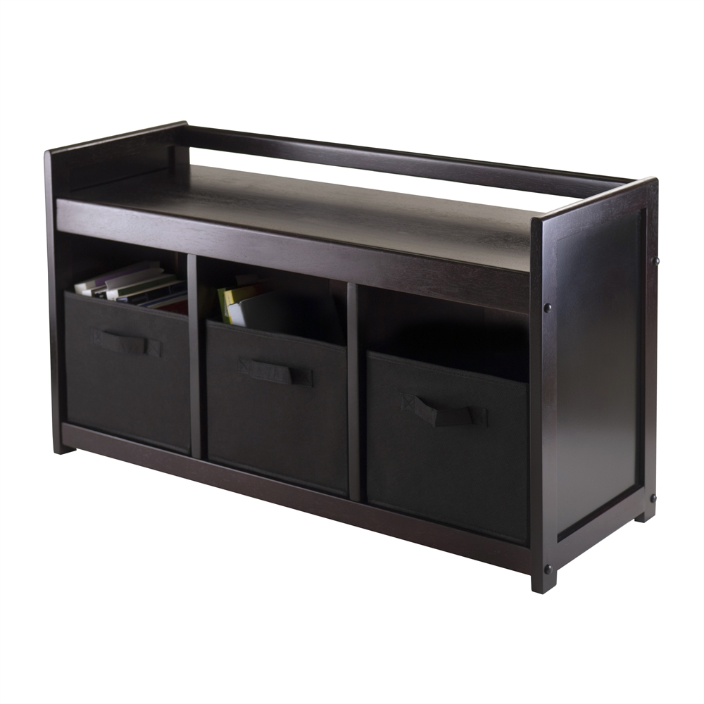 Black Addison 4-piece storage bench with three foldable fabric baskets by Start2Finish, featuring a sturdy wooden frame and padded top.
