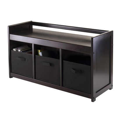 Black Addison 4-piece storage bench with three foldable fabric baskets by Start2Finish, featuring a sturdy wooden frame and padded top.