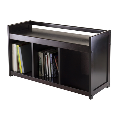 Start2Finish Addison storage bench with three compartments, featuring a cushioned top and wooden legs for versatile home organization.
