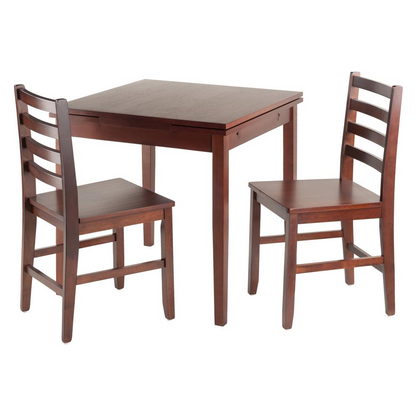 Start2Finish Pulman 3-piece extension table set with two ladder back chairs, showing the table with extended and compact options.