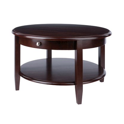 Start2Finish Concord round coffee table with drawer and shelf, featuring a modern design and wooden finish.