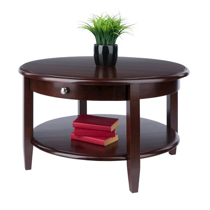 Start2Finish Concord round coffee table with drawer and shelf, wooden surface, modern design, and sturdy legs.