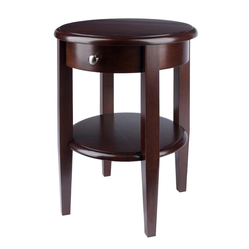 Concord round end table by Start2Finish with a drawer and shelf, featuring a sleek wooden finish and modern design.