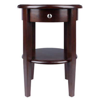 Start2Finish Concord round end table with drawer and shelf, featuring a modern wooden furniture design and smooth surface.