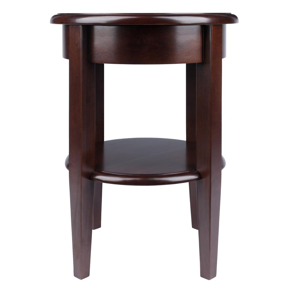 Start2Finish Concord round end table with drawer and shelf, showcasing a wooden furniture piece with a smooth tabletop and storage options.