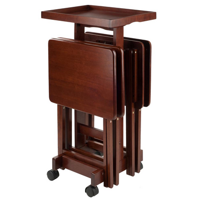 Six walnut-colored snack tables from the Start2Finish 6-PC Snack Table Set, featuring a modern design and compact size.
