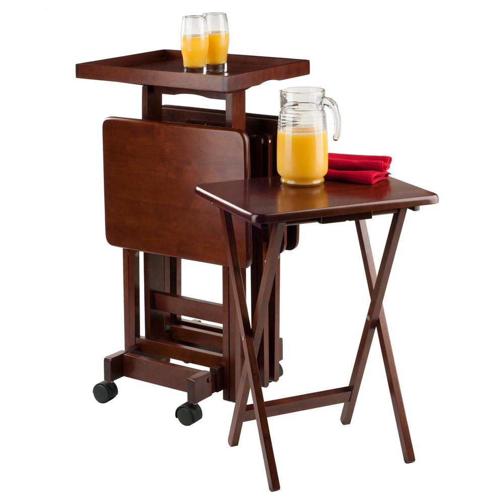 Six-piece walnut snack table set by Start2Finish, featuring small tables with sleek wood finish and modern design.