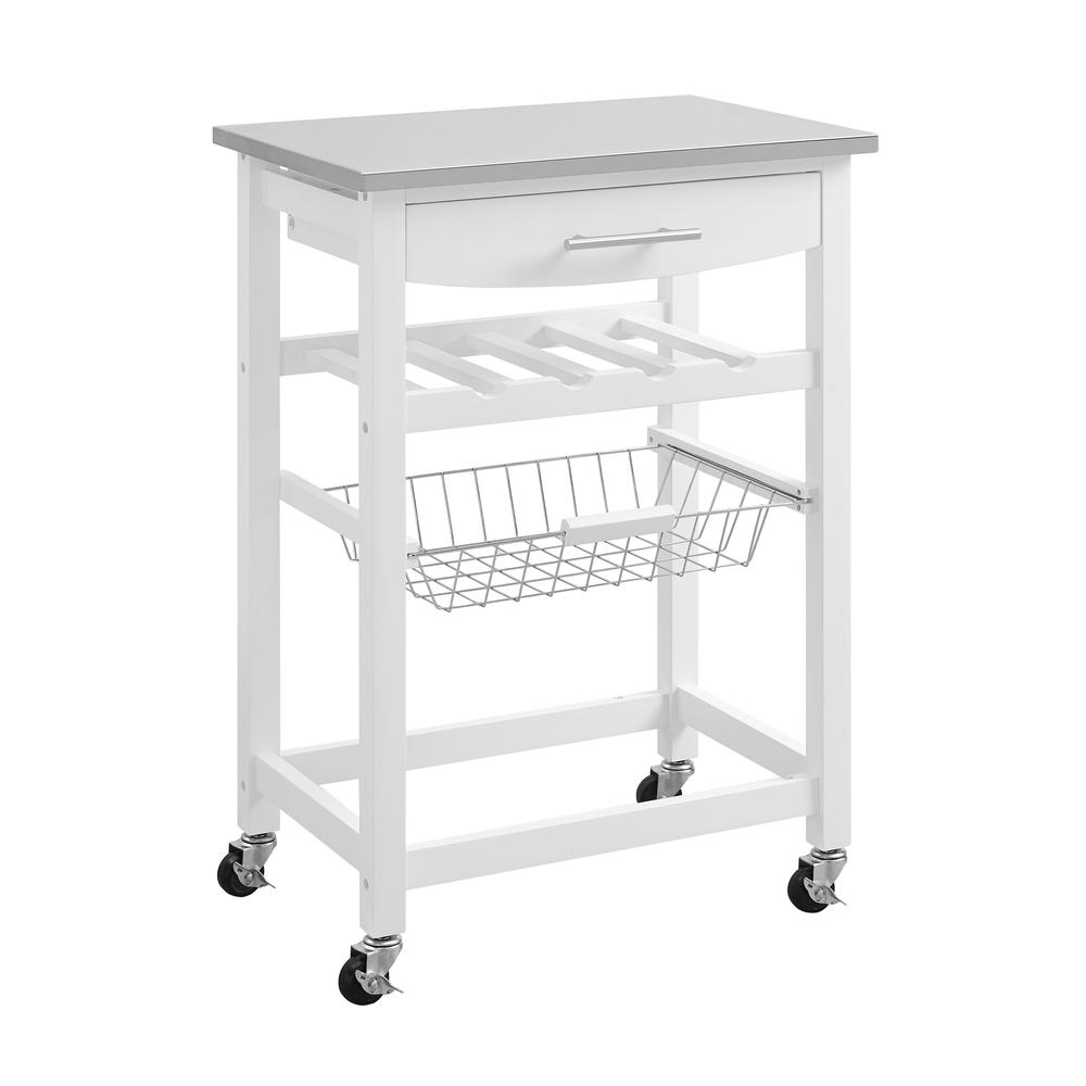 White Clarke kitchen cart by Start2Finish with wooden shelves and metal frame, featuring storage drawers and a mobile design.