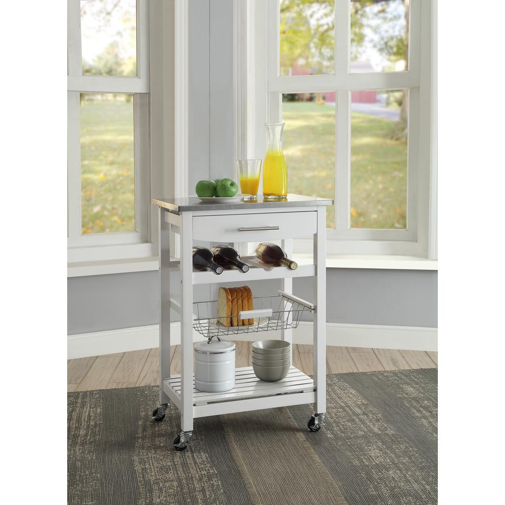 White Clarke kitchen cart by Start2Finish with wood top, storage shelves, and wheels for mobility.