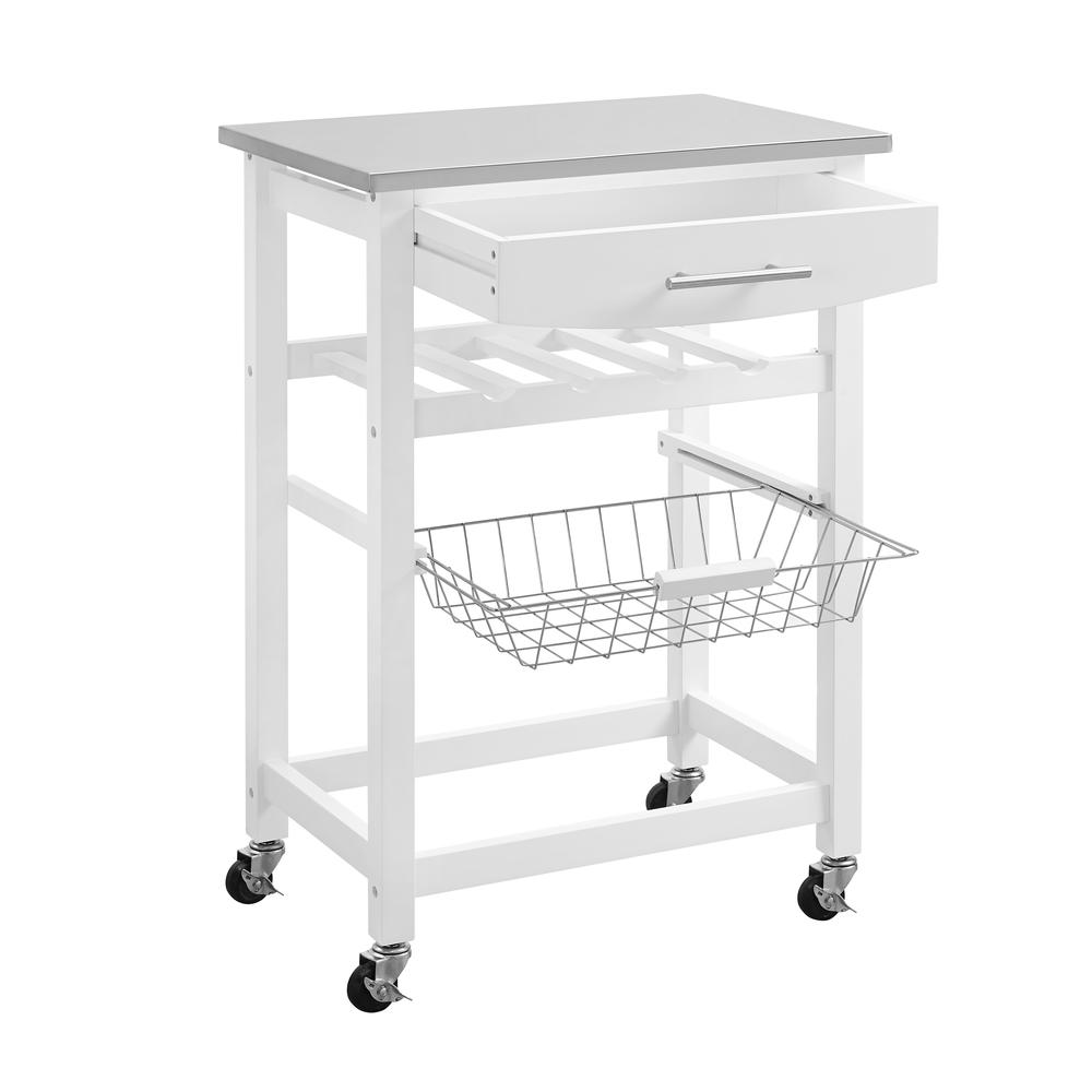 Clarke White Kitchen Cart by Start2Finish featuring a sturdy wooden top, storage shelves, and wheels for easy mobility.