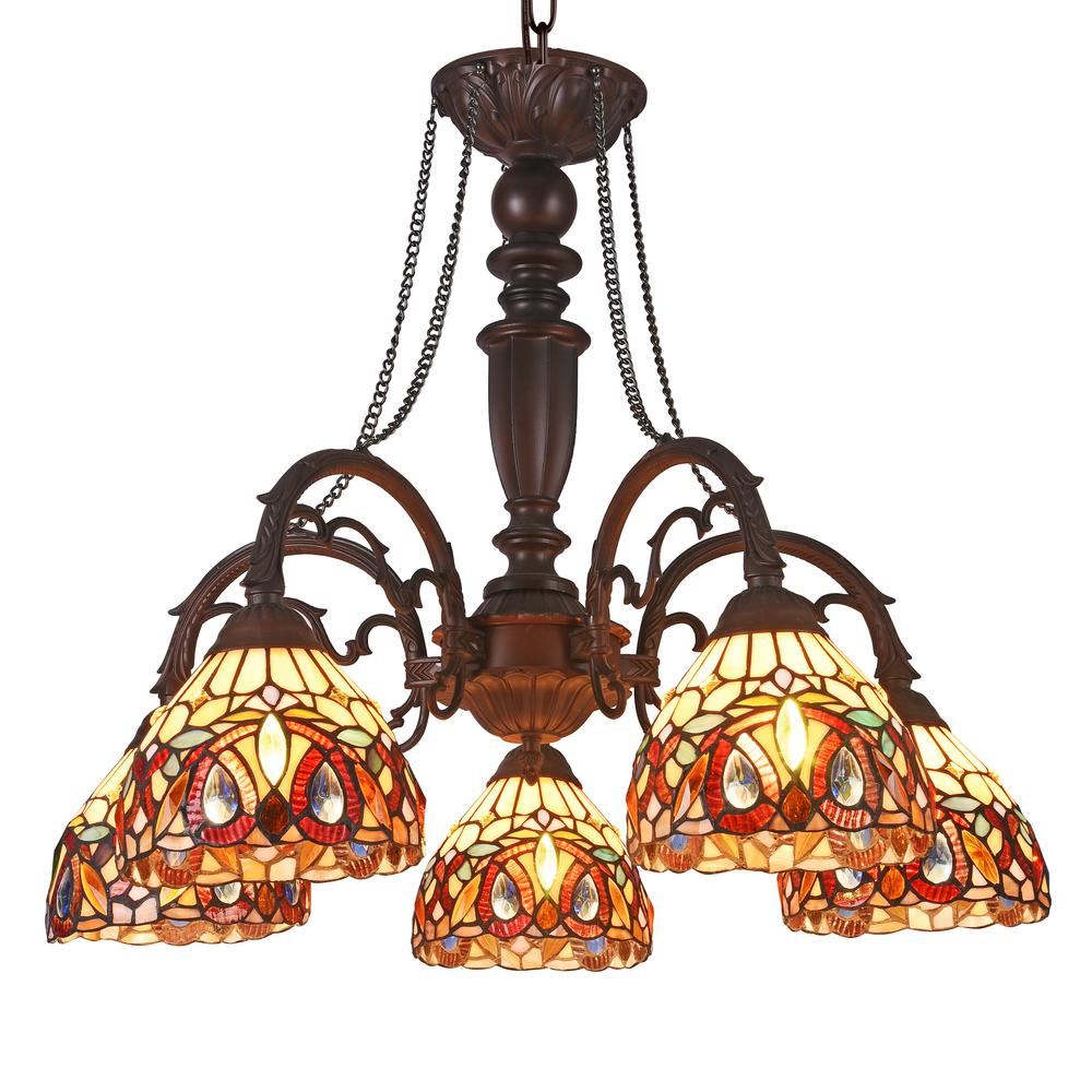 Start2Finish Serenity Tiffany-style Victorian chandelier with five lights, large 27-inch wide decorative lighting fixture.