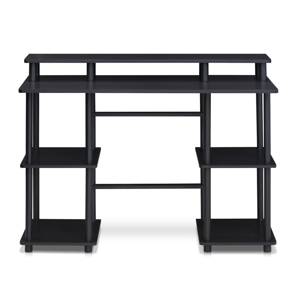 Furinno Turn-N-Tube computer desk with top shelf in espresso and black finish, featuring a compact, modern design for home office use.