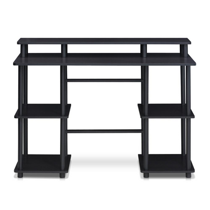 Furinno Turn-N-Tube computer desk with top shelf in espresso and black finish, featuring a compact, modern design for home office use.