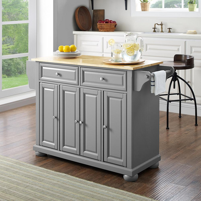 Start2Finish Alexandria wood top kitchen island with storage shelves and wheels, ideal for modern kitchen or dining space.