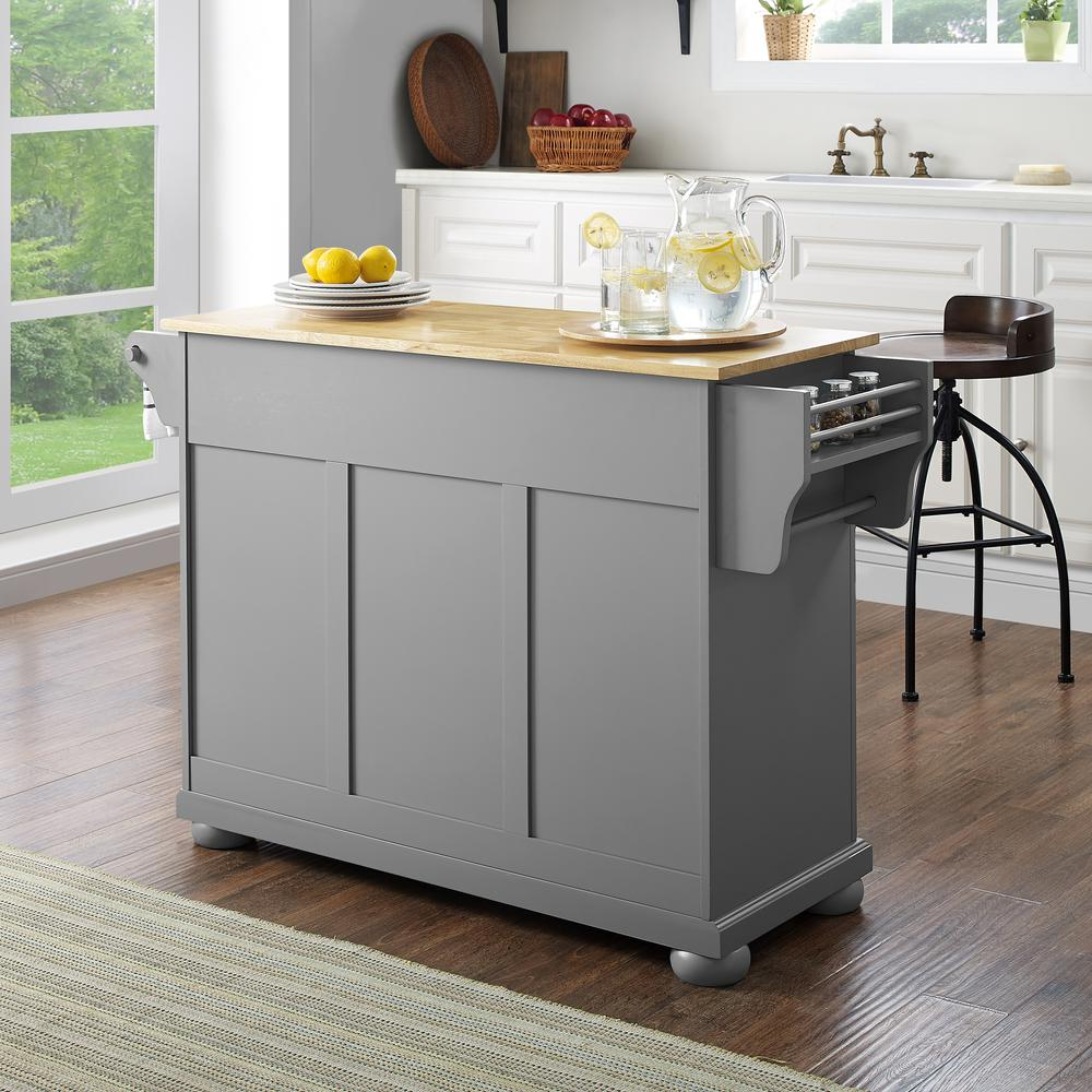 Start2Finish Alexandria wood top kitchen island with storage and wheels, featuring a spacious countertop and sturdy wooden construction.