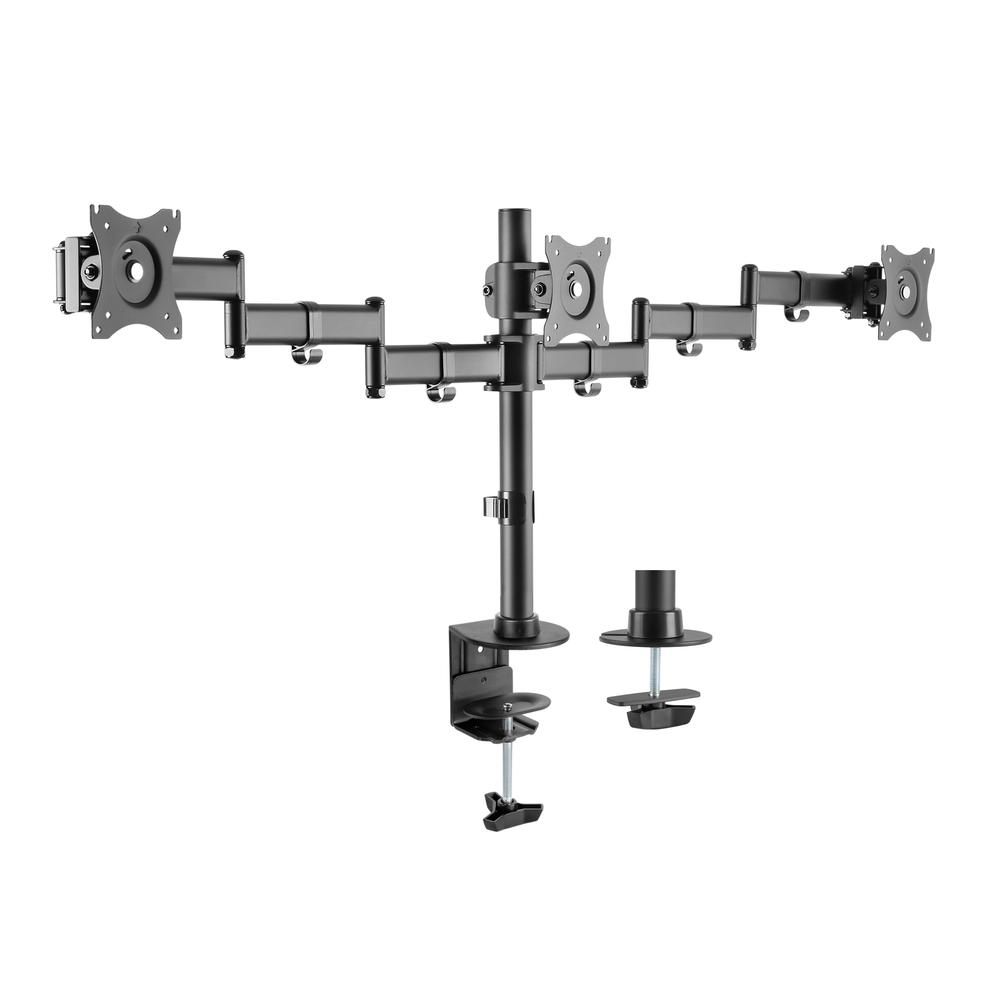 Rocelco Premium Triple Monitor Desk Mount with three adjustable articulated arms for 13-27 inch LED LCD screens in black.
