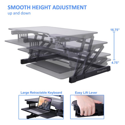 Start2Finish Rocelco 32-inch height adjustable standing desk with a sleek wooden surface and metal frame, showing its ergonomic design.