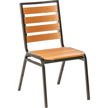 Lorell Faux Wood outdoor chairs with teak faux wood seats and backs, four-legged base, shown in a set of four.