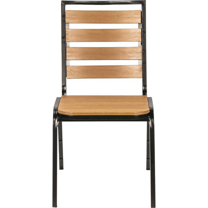Start2Finish Lorell faux wood outdoor chairs with teak faux wood seats and backs, four-legged base, set of four.