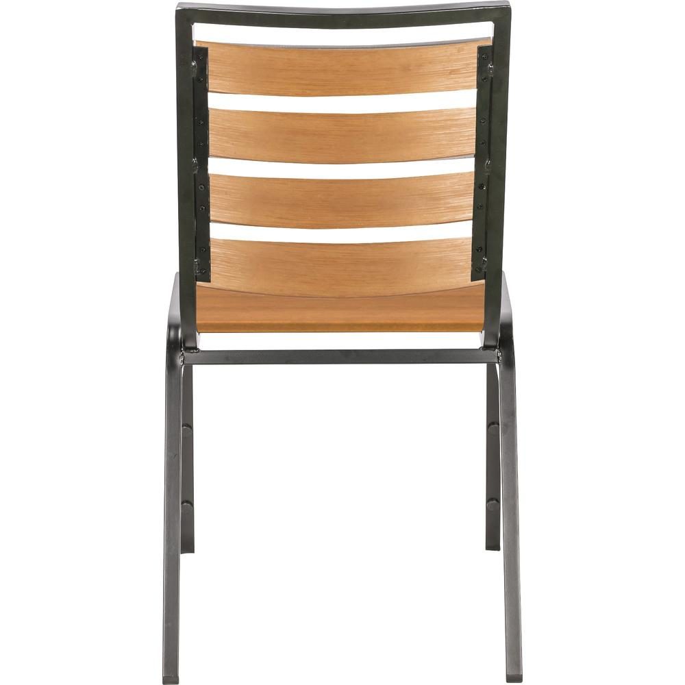 Start2Finish Lorell faux wood outdoor chair with teak finish, four-legged base, featuring a teak faux wood seat and back in a set of four.