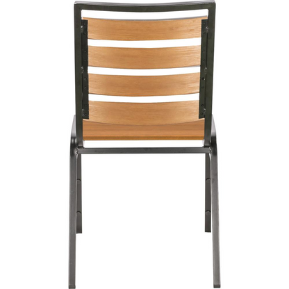 Start2Finish Lorell faux wood outdoor chair with teak finish, four-legged base, featuring a teak faux wood seat and back in a set of four.