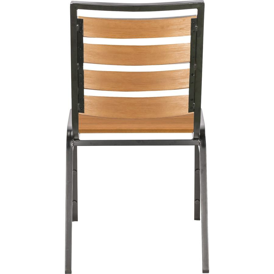 Start2Finish Lorell faux wood outdoor chair with teak faux wood seat and back, four-legged base, shown in a group of four.