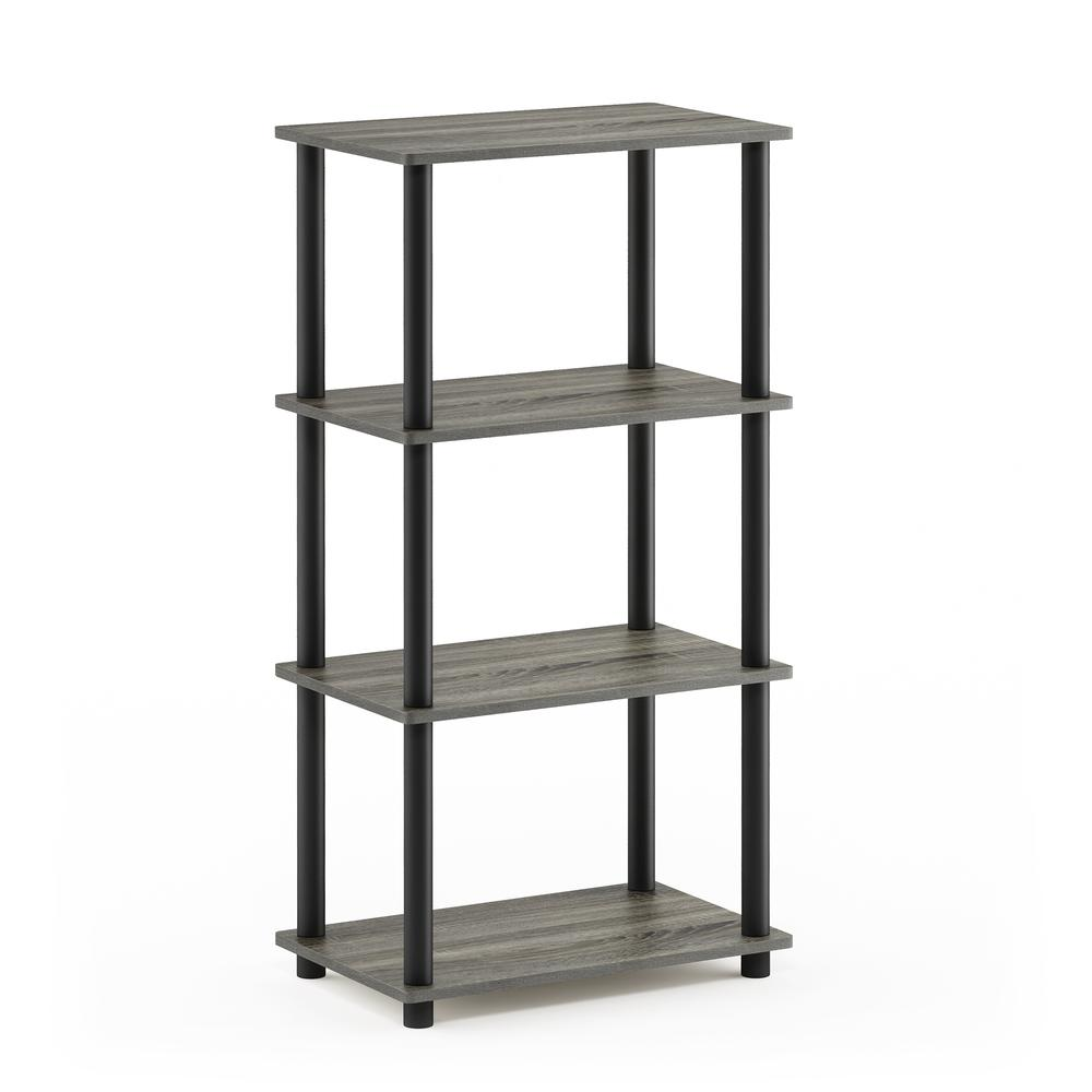 Start2Finish Furinno Turn-N-Tube 4-Tier Storage Shelf in French Oak Grey and Black, showing a modern, multi-level furniture unit.