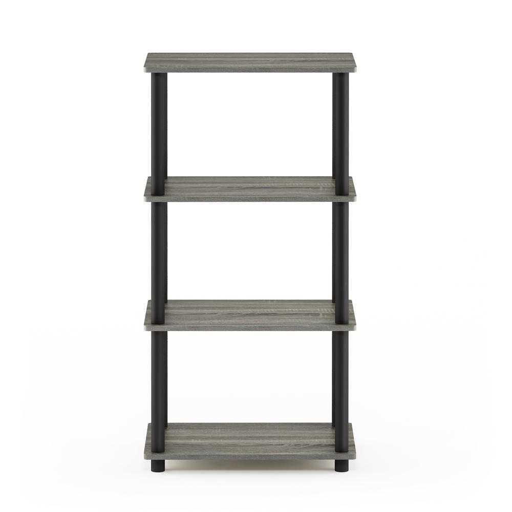Furinno Turn-N-Tube 4-tier storage shelf in French Oak Grey and black, compact furniture with no tools required, sturdy and modern.