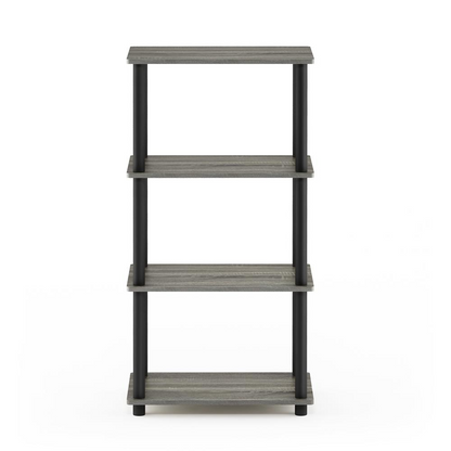 Furinno Turn-N-Tube 4-tier storage shelf in French Oak Grey and black, compact furniture with no tools required, sturdy and modern.