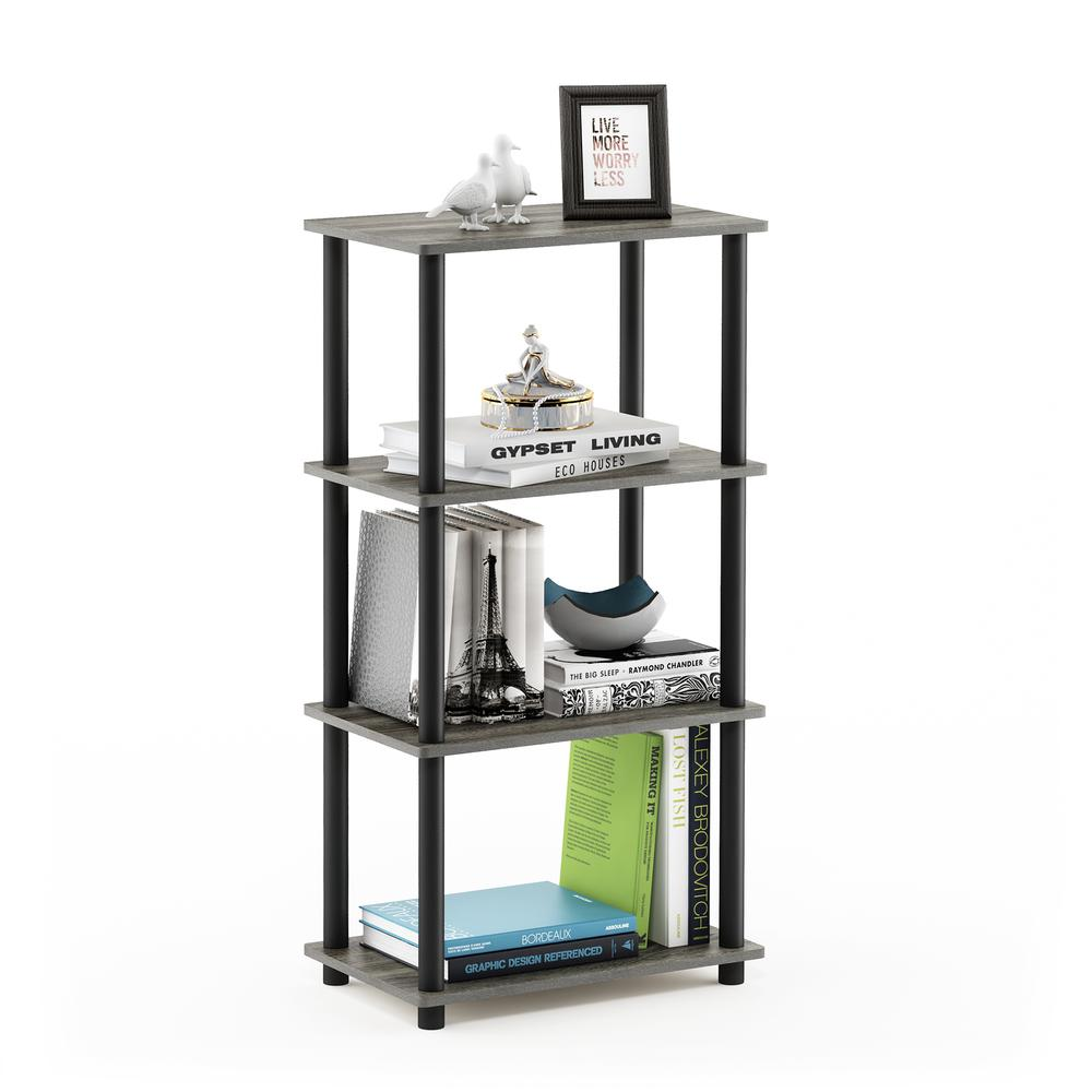 Furinno Turn-N-Tube No Tool 4-Tier Storage Shelf in French Oak Grey and Black, showing its compact, modern furniture design