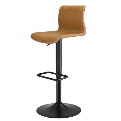 Pair of Start2Finish Jayden faux leather low back gaslift bar stools with wooden legs and modern design, set of two.