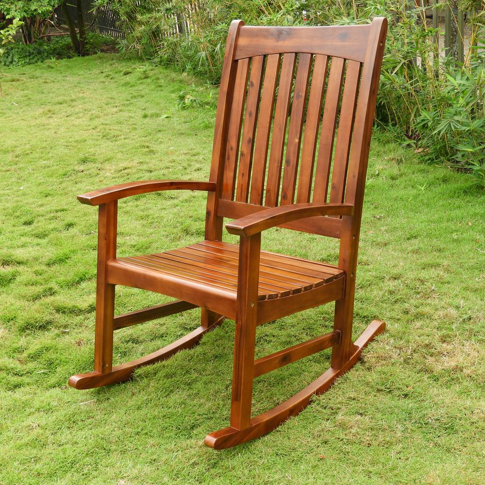 Start2Finish Highland Acacia Americana rocking chair with wooden slats and curved armrests, perfect for indoor or outdoor relaxation.