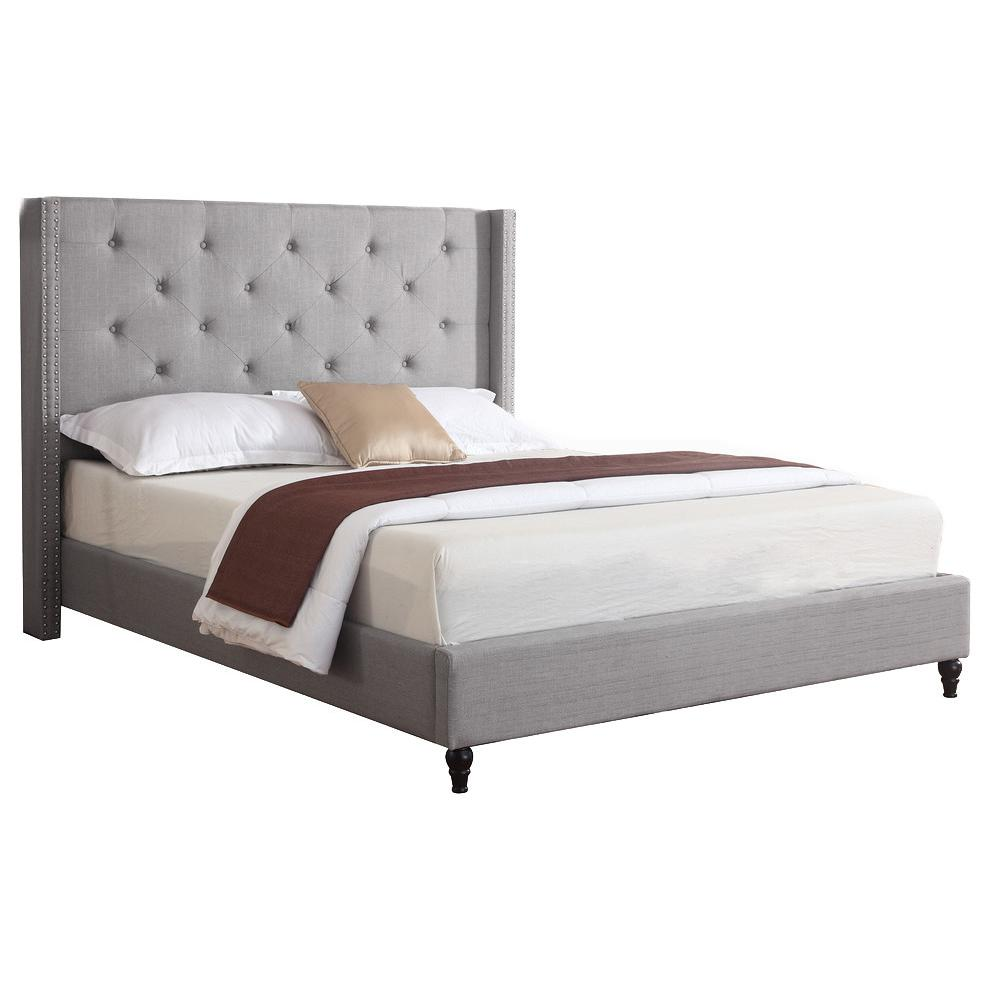 Gray upholstered wingback East King platform bed by Start2Finish with fabric headboard and sturdy wooden frame.
