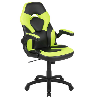 Start2Finish X10 gaming chair in neon green and black, racing style office swivel chair with ergonomic design and padded armrests.