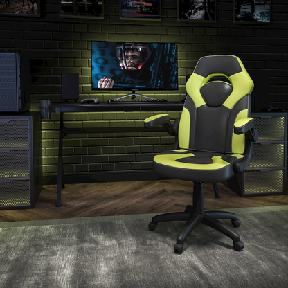 Start2Finish X10 gaming chair with neon green and black upholstery, racing style office swivel chair with adjustable armrests.