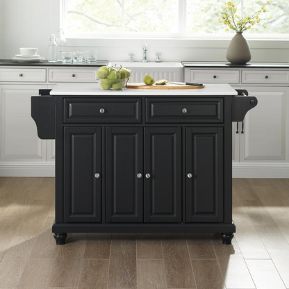 Start2Finish Cambridge stone top full-size kitchen island with wood finish and storage shelves, ideal for modern kitchen spaces.