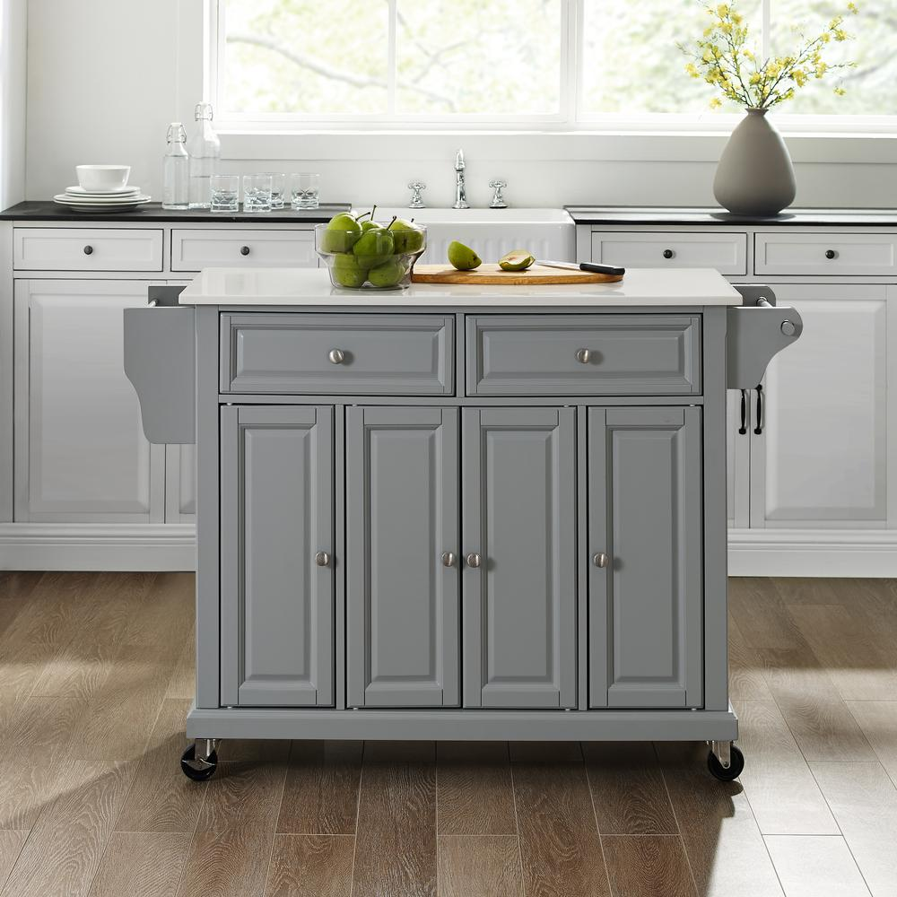 Full size stone top kitchen cart by Start2Finish with wood frame, storage shelves, and sturdy wheels for mobility.