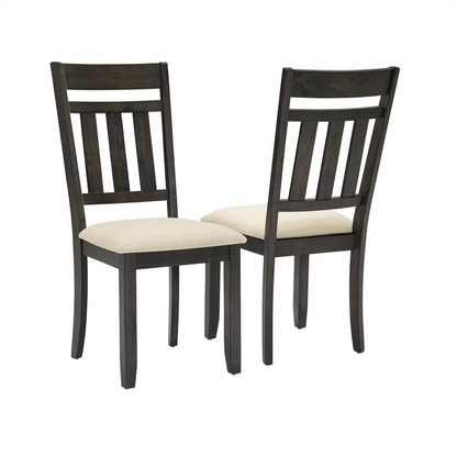 Pair of Start2Finish Hayden 2-Piece Slat Back Dining Chairs with wooden slat backs and cushioned seats on a dining table.
