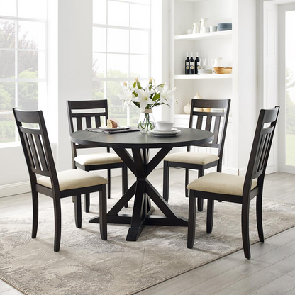 Start2Finish Hayden 5-piece round dining table set for 4 with slat back chairs, showcasing a modern wood finish and sturdy design.