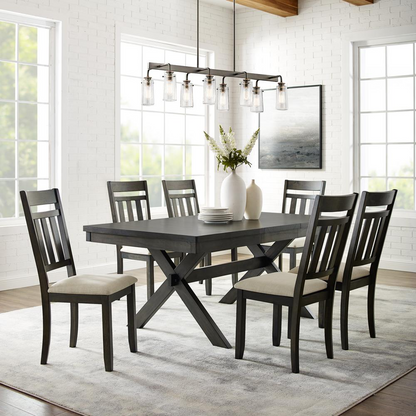 Hayden 7-piece dining table set by Start2Finish with a wooden table and six slat back chairs, shown in a dining room setting