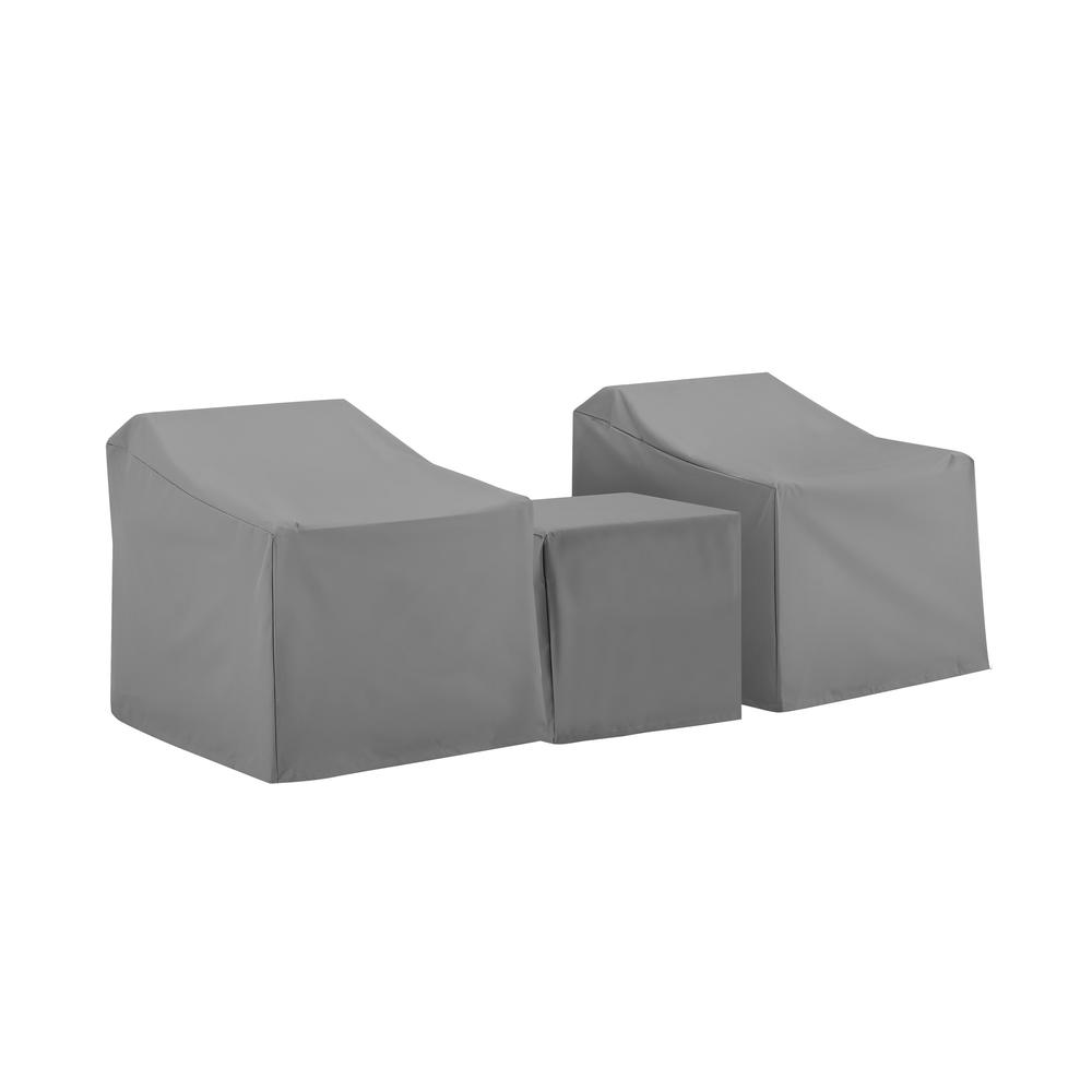 Start2Finish 3-piece outdoor furniture cover set with two armchair covers and an end table cover on a patio.
