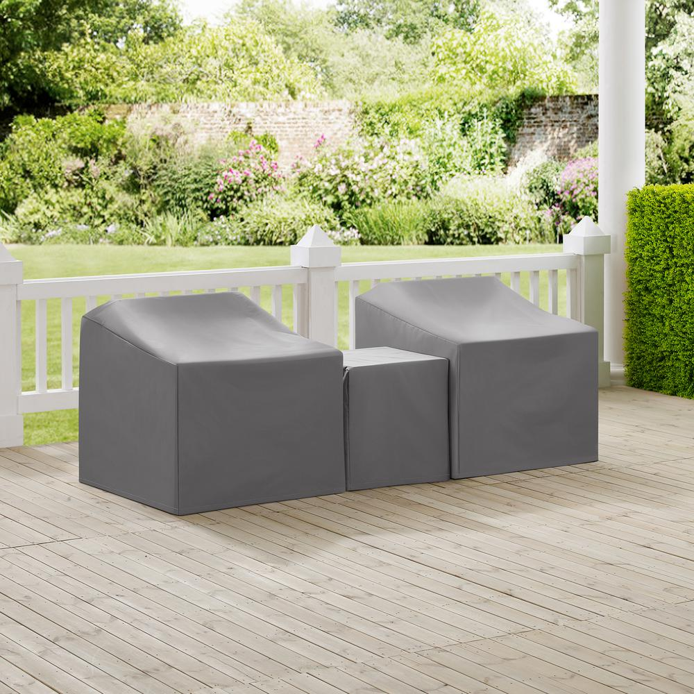 Start2Finish 3-piece outdoor furniture cover set with two armchair covers and an end table cover on a patio.