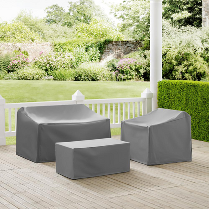 Start2Finish 3-piece outdoor furniture cover set for loveseat, chair, and coffee table, protecting garden and outdoor furniture.