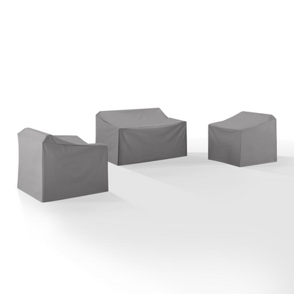 Start2Finish 3-piece outdoor furniture cover set with loveseat and two chairs, protecting patio furniture from weather elements.