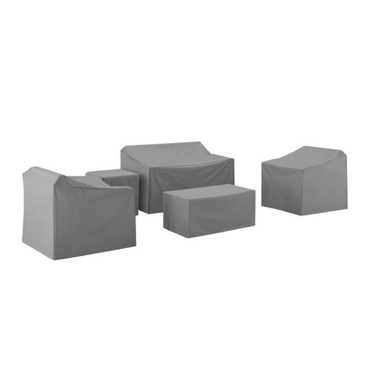 Start2Finish 5-piece outdoor furniture cover set with loveseat, two armchairs, end table, and table, protecting patio furniture.