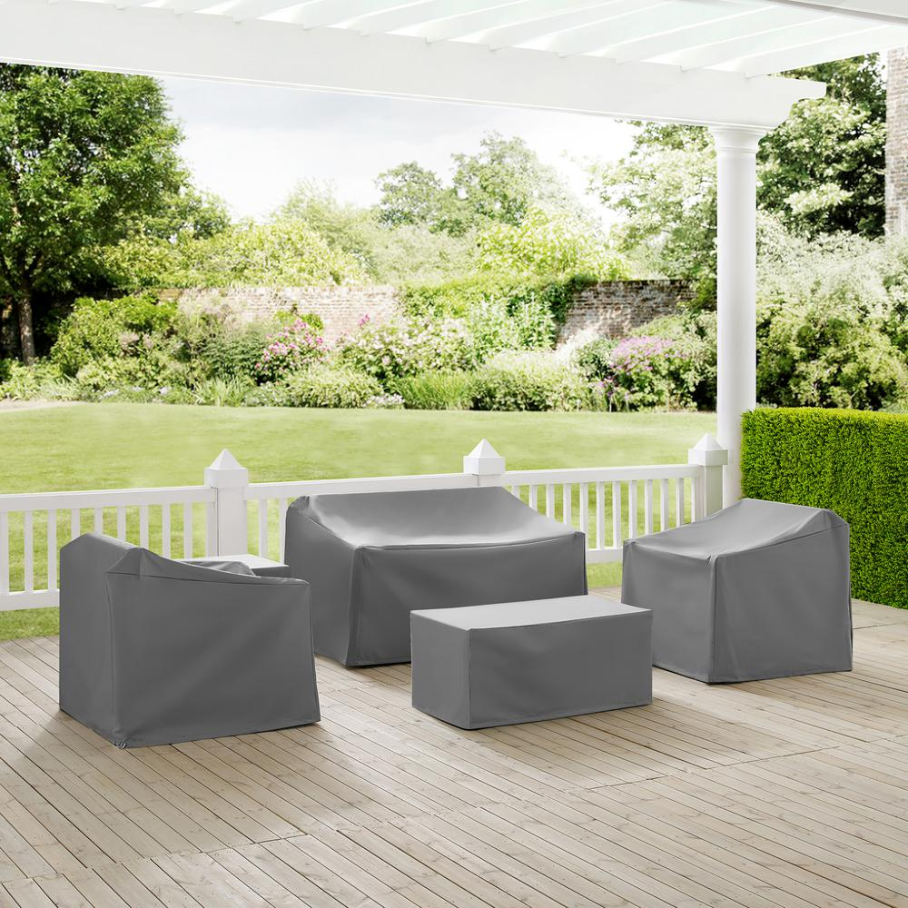 Start2Finish 5-piece outdoor furniture cover set with loveseat, two armchairs, end table, and table for patio protection.