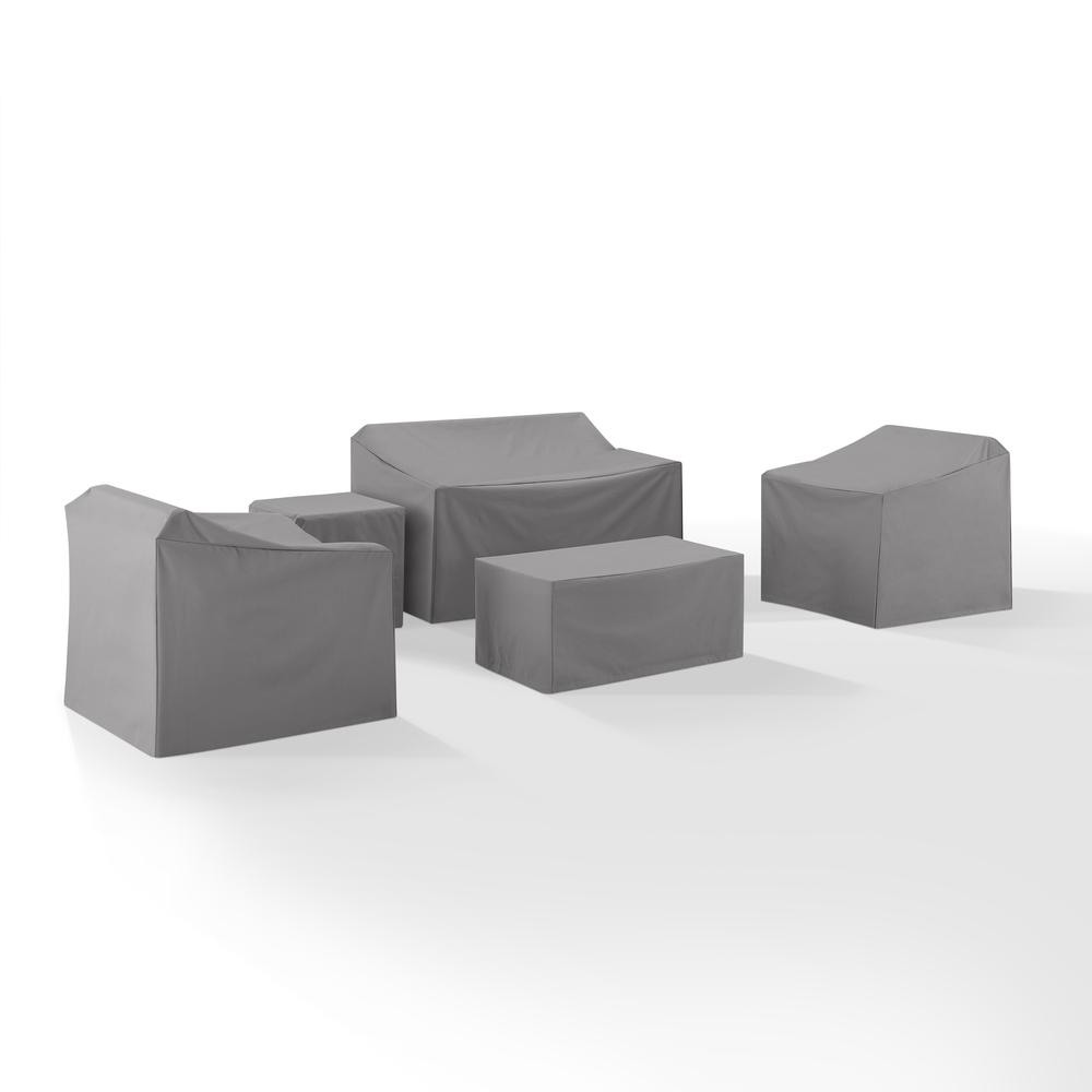 Start2Finish 5-piece outdoor furniture cover set including loveseat, two armchairs, end table, and table on a patio.