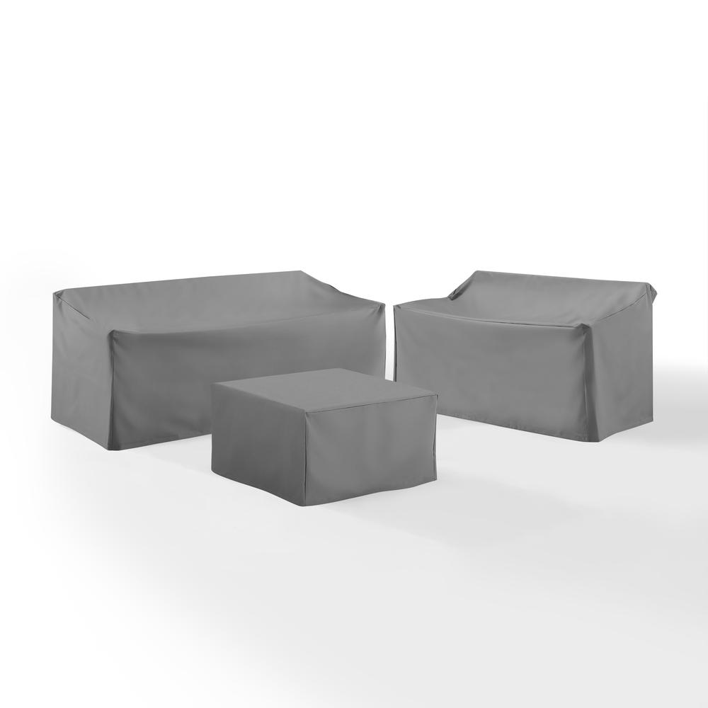 Start2Finish 3-piece outdoor furniture cover set for loveseat, sofa, and square table or ottoman, protecting patio furniture from weather.