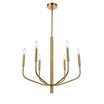 6LT chandelier with AGB finish by Start2Finish featuring intricate metal detailing and six candle-style light bulbs.